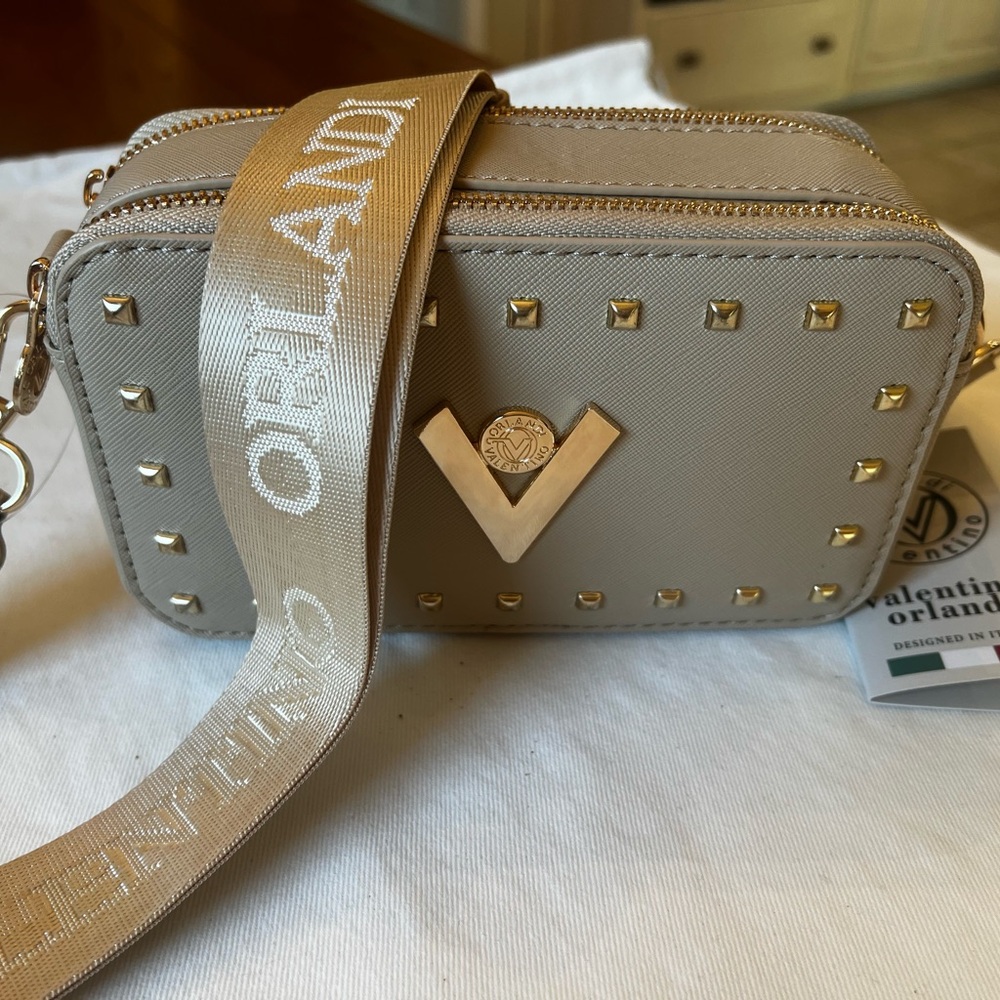 NWT Valentino Orlandi “V” Logo Taupe Camera Bag